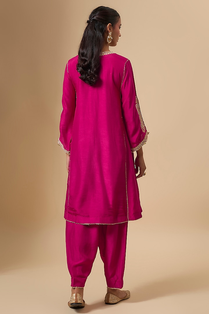 Hot Pink Upada Silk Zardosi Embroidered Choga Kurta Set by Sheetal Batra at Pernia's Pop Up Shop