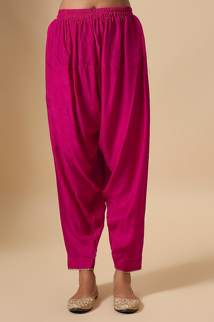 Hot Pink Upada Silk Zardosi Embroidered Choga Kurta Set by Sheetal Batra at Pernia's Pop Up Shop