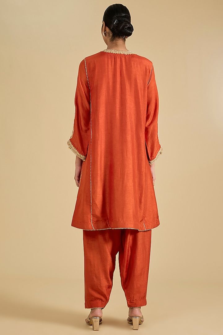 Orange Pure Upada Silk Zardosi Embroidered Choga Kurta Set by Sheetal Batra at Pernia's Pop Up Shop
