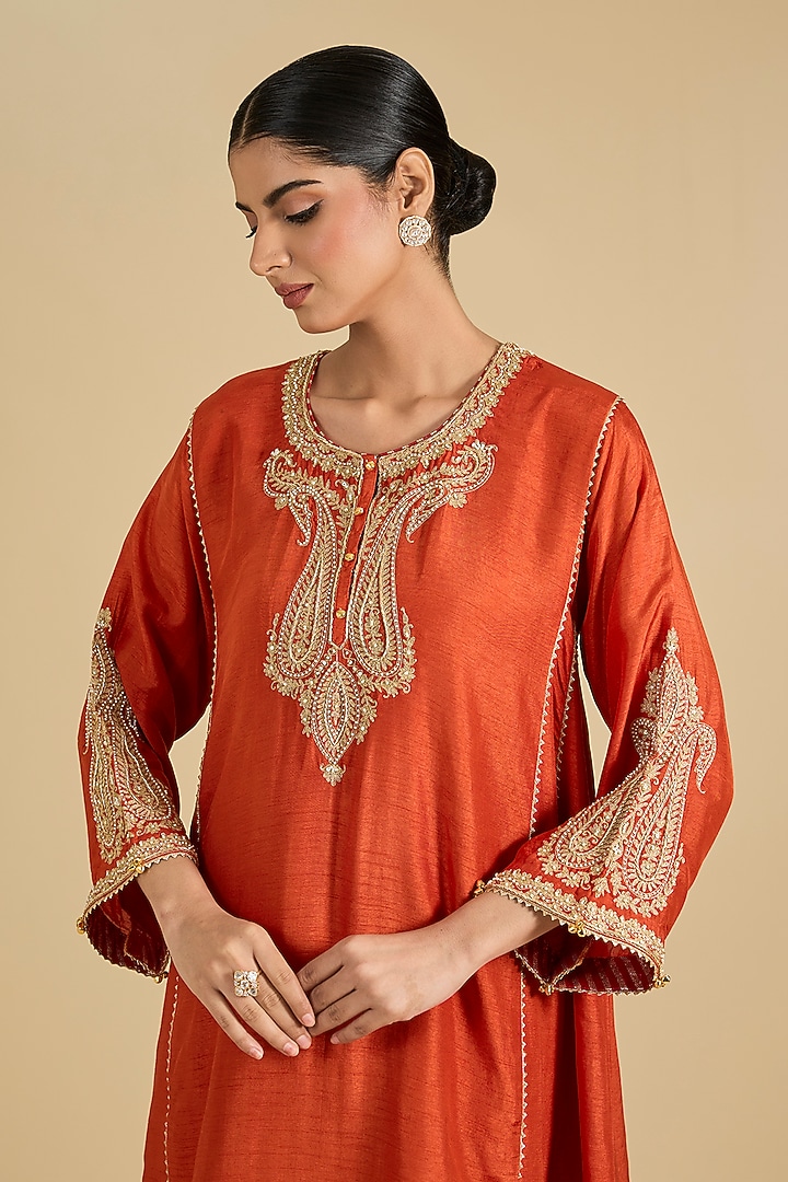 Orange Pure Upada Silk Zardosi Embroidered Choga Kurta Set by Sheetal Batra at Pernia's Pop Up Shop