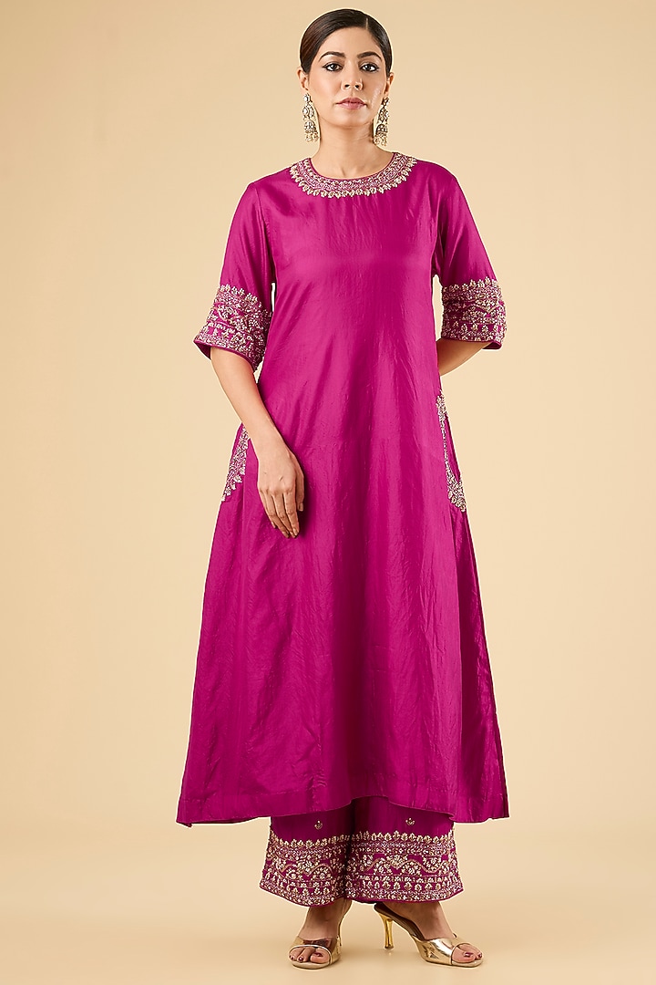Hot Pink Habutai Silk Kurta Set by Sheetal Batra at Pernia's Pop Up Shop