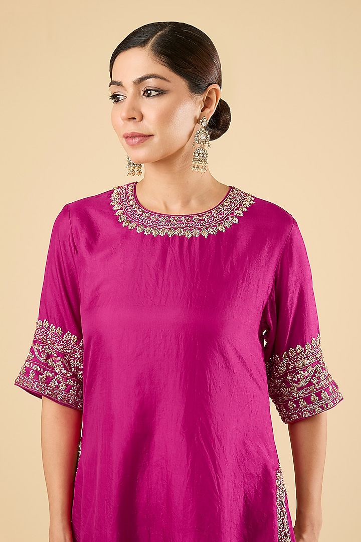 Hot Pink Habutai Silk Kurta Set by Sheetal Batra at Pernia's Pop Up Shop