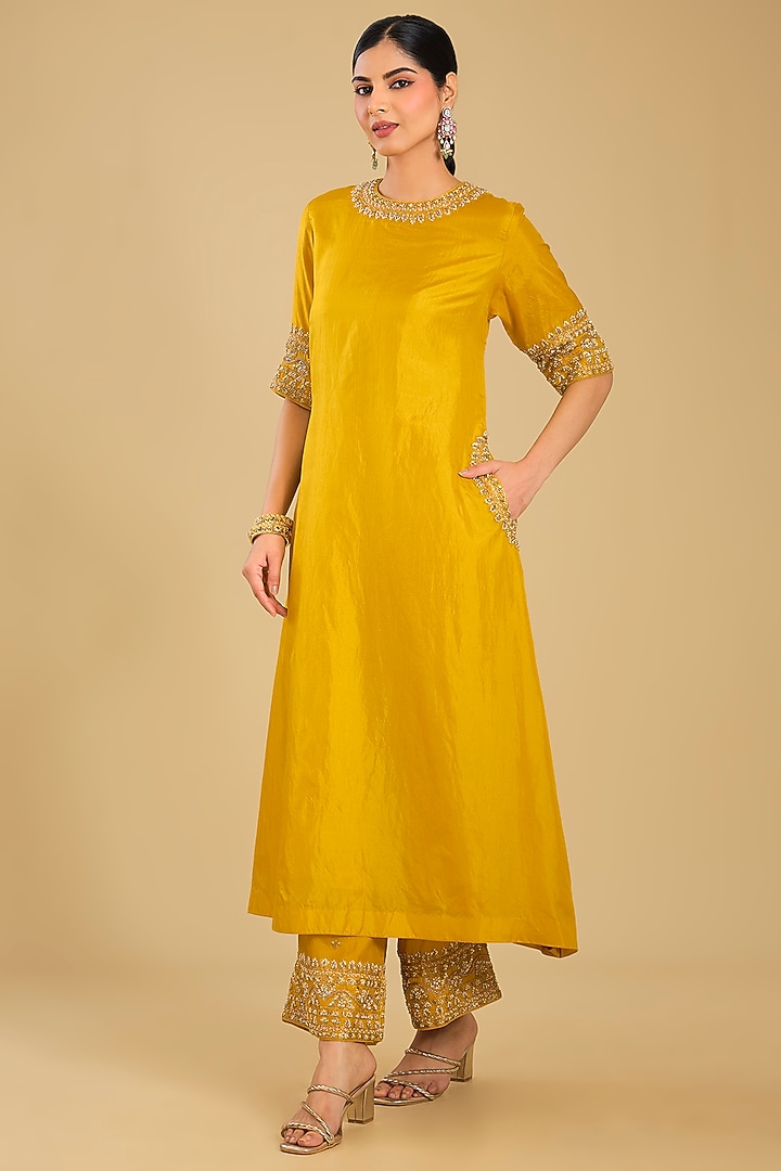 Mustard Pure Habutai Silk Hand Embellished A-Line Kurta Set by Sheetal Batra at Pernia's Pop Up Shop