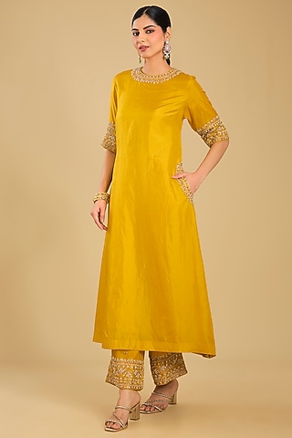 Mustard Pure Habutai Silk Hand Embellished A-Line Kurta Set by Sheetal Batra