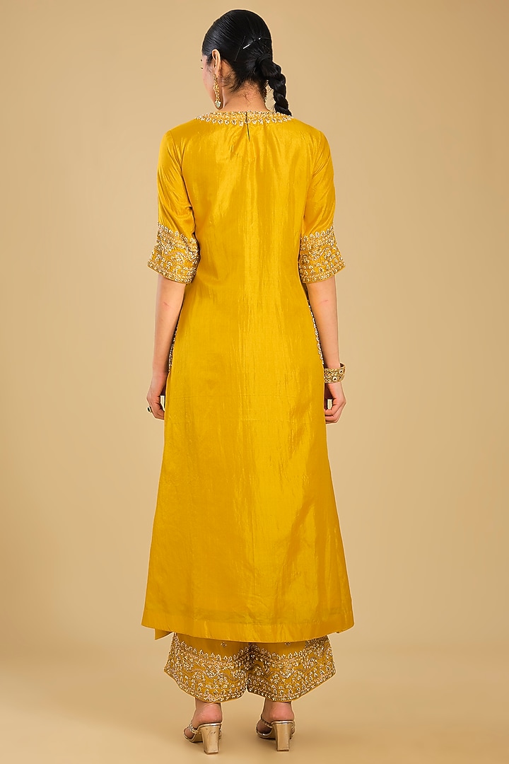 Mustard Pure Habutai Silk Hand Embellished A-Line Kurta Set by Sheetal Batra at Pernia's Pop Up Shop