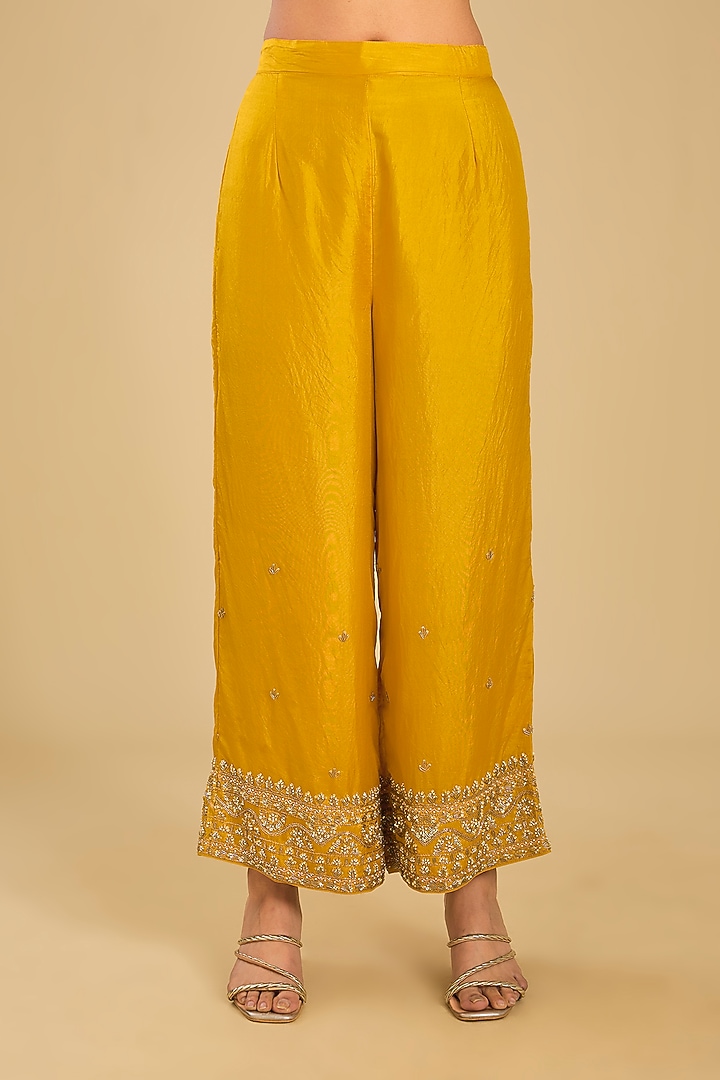 Mustard Pure Habutai Silk Hand Embellished A-Line Kurta Set by Sheetal Batra at Pernia's Pop Up Shop