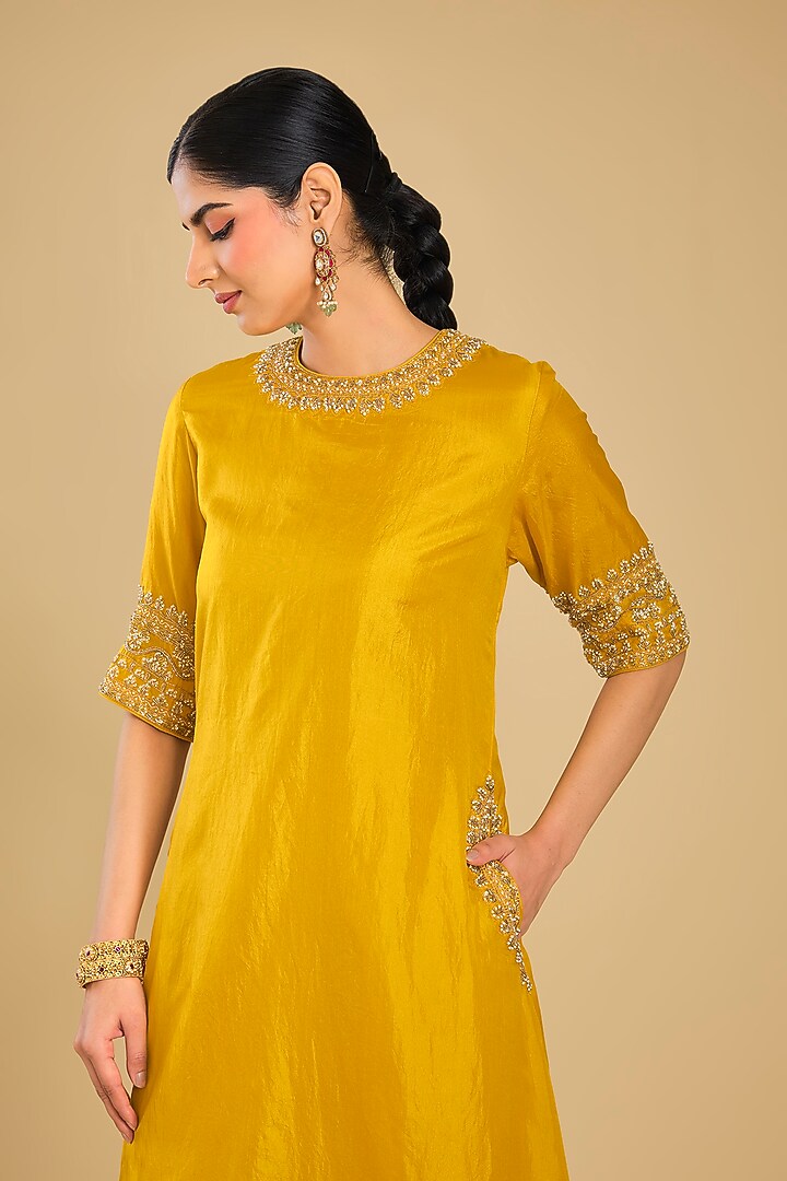Mustard Pure Habutai Silk Hand Embellished A-Line Kurta Set by Sheetal Batra at Pernia's Pop Up Shop