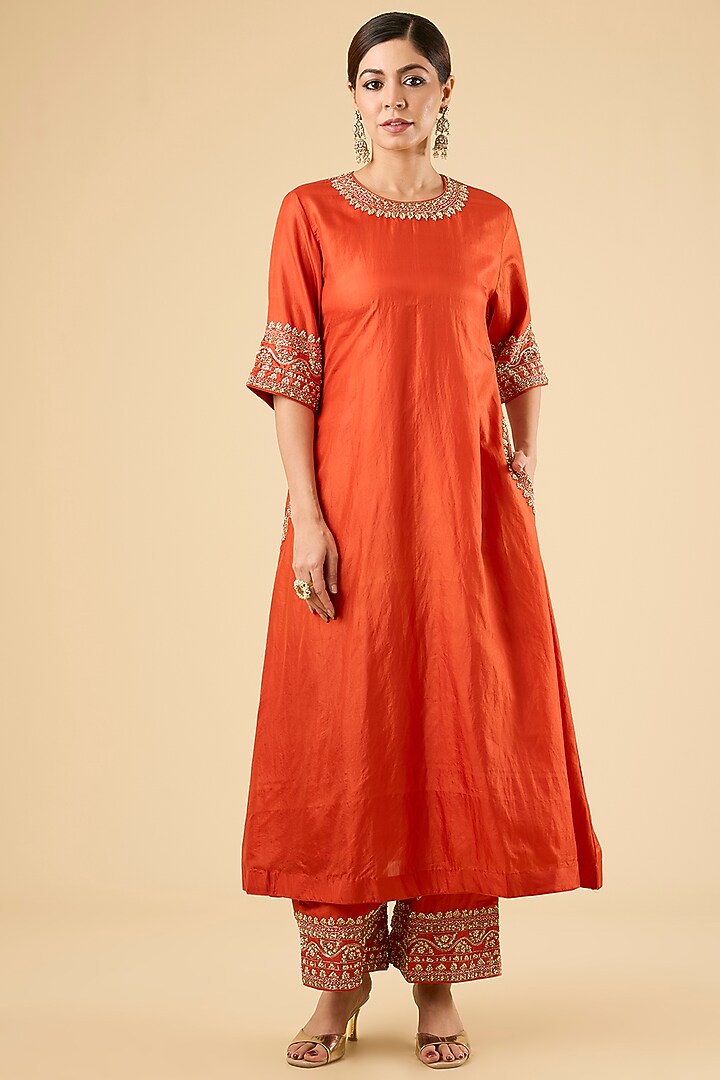 Burnt Orange Habutai Silk Kurta Set by Sheetal Batra at Pernia's Pop Up Shop