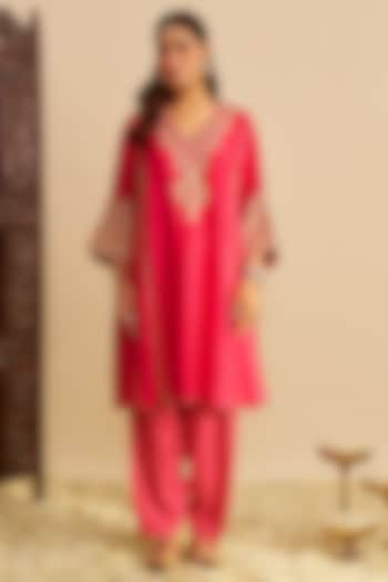 Hot Pink Upada Silk Gota Embroidered Chauga Kurta Set by Sheetal Batra at Pernia's Pop Up Shop