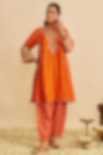 Orange Upada Silk Gota Embroidered Kurta Set by Sheetal Batra at Pernia's Pop Up Shop