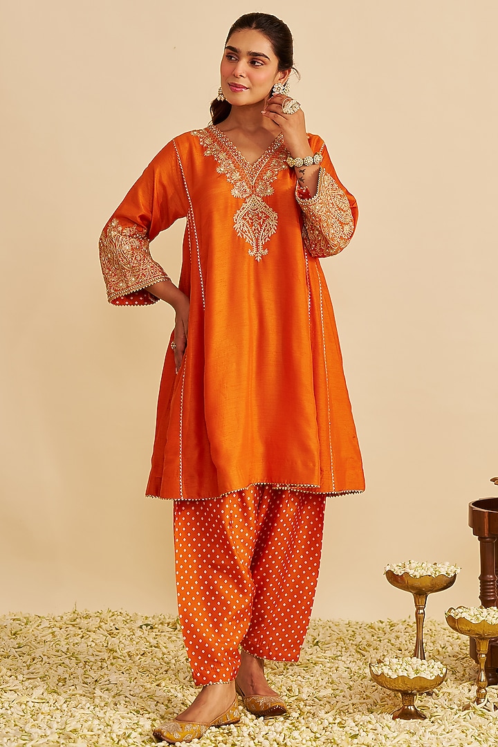 Orange Upada Silk Gota Embroidered Kurta Set by Sheetal Batra at Pernia's Pop Up Shop