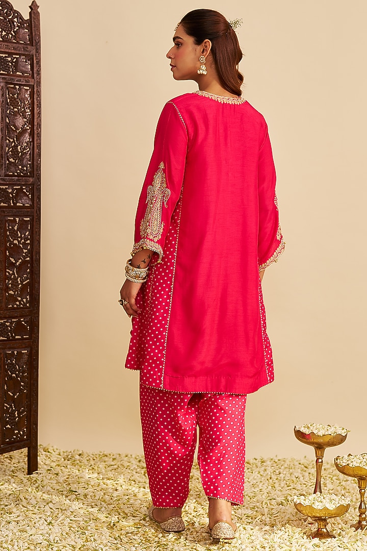 Hot Pink Pure Upada Silk Zardosi Embroidered Short Kurta Set by Sheetal Batra at Pernia's Pop Up Shop
