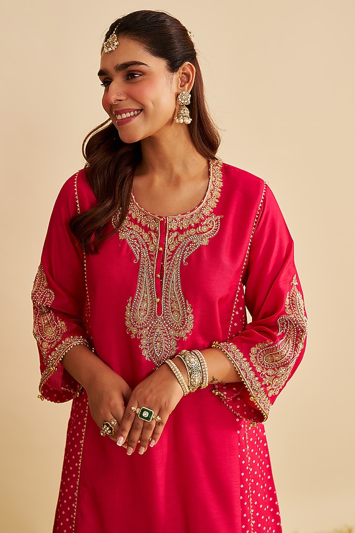Hot Pink Pure Upada Silk Zardosi Embroidered Short Kurta Set by Sheetal Batra at Pernia's Pop Up Shop
