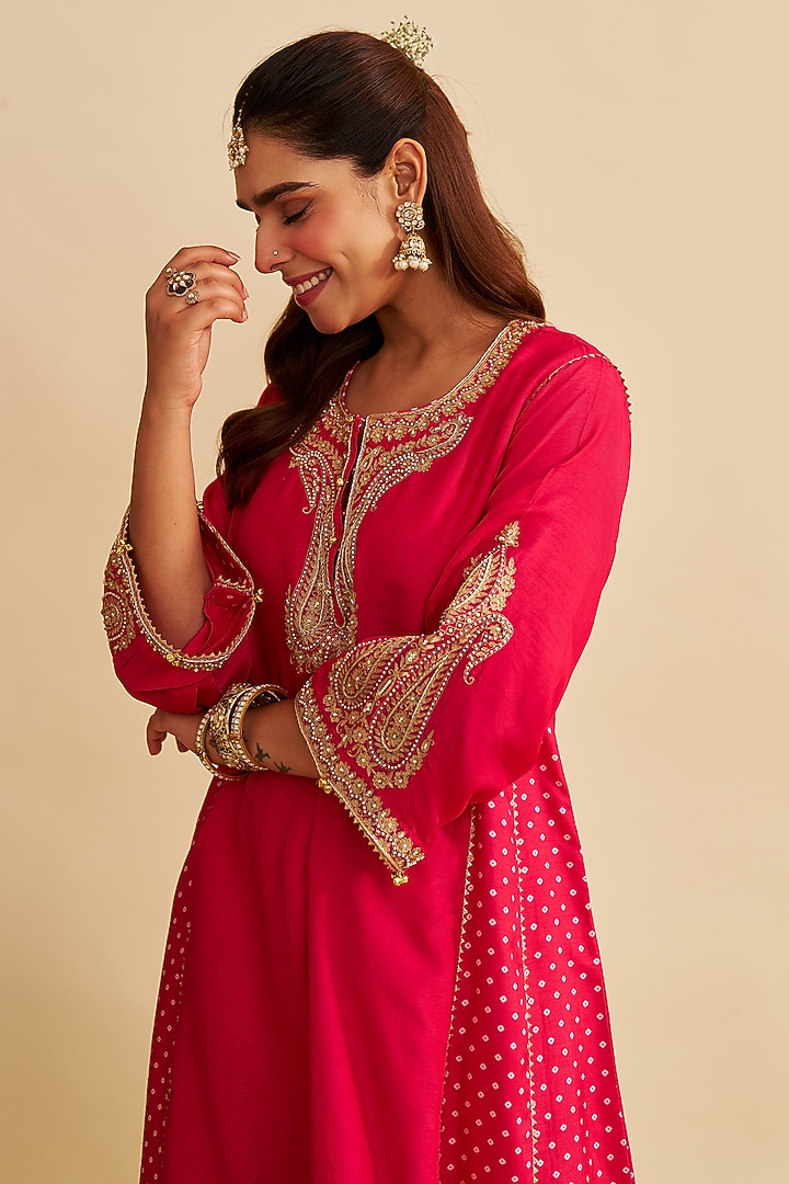 Hot Pink Pure Upada Silk Zardosi Embroidered Short Kurta Set by Sheetal Batra at Pernia's Pop Up Shop