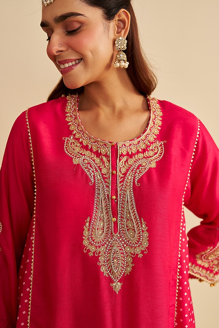 Hot Pink Pure Upada Silk Zardosi Embroidered Short Kurta Set by Sheetal Batra at Pernia's Pop Up Shop