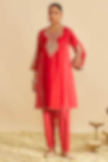 Red Pure Upada Silk Zardosi Embroidered Short Kurta Set by Sheetal Batra at Pernia's Pop Up Shop