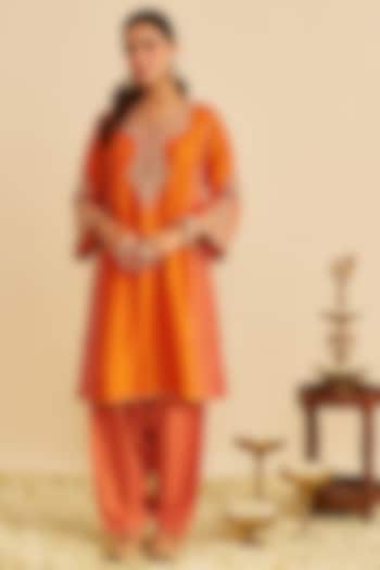 Orange Pure Upada Silk Zardosi Embroidered Short Kurta Set by Sheetal Batra at Pernia's Pop Up Shop