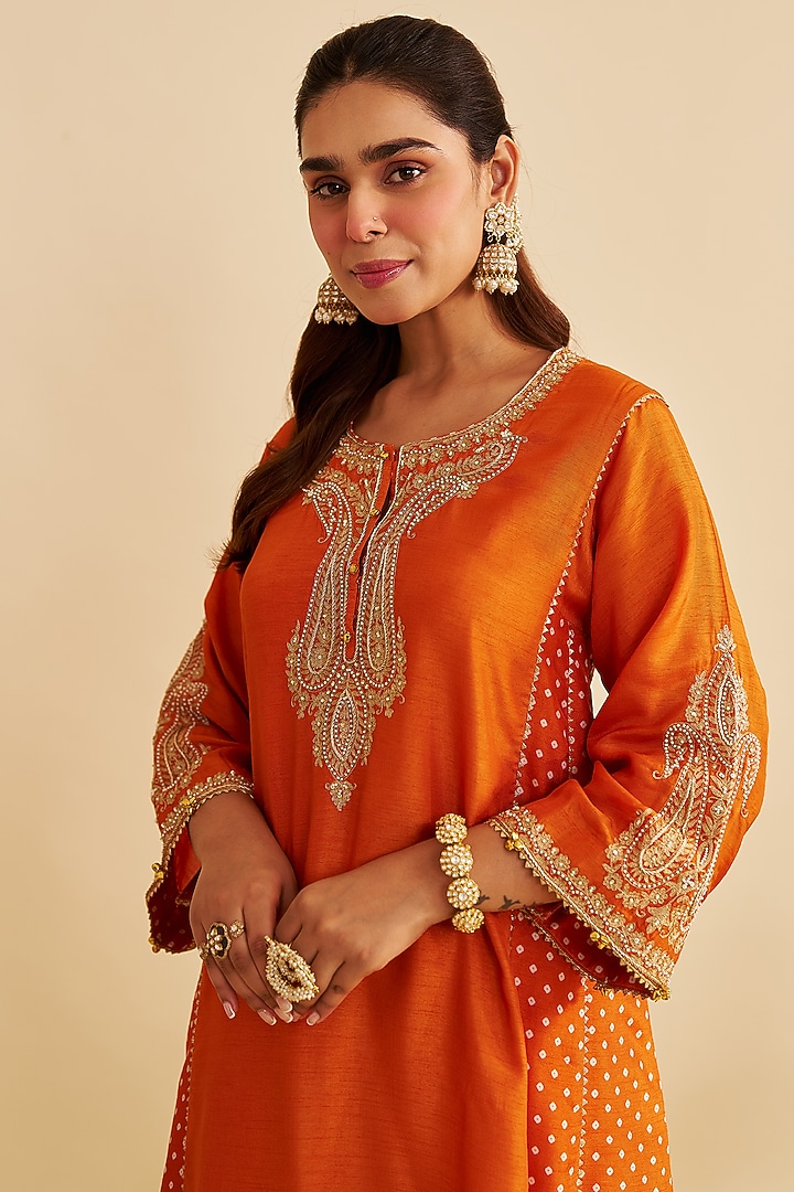 Orange Pure Upada Silk Zardosi Embroidered Short Kurta Set by Sheetal Batra at Pernia's Pop Up Shop