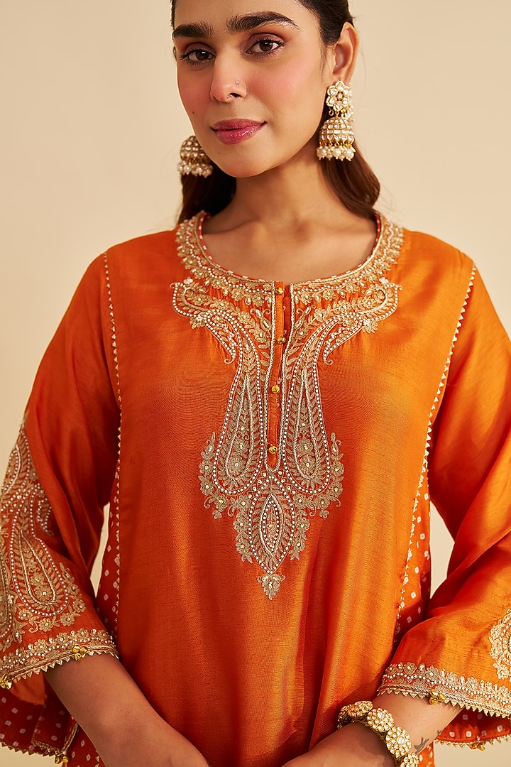 Orange Pure Upada Silk Zardosi Embroidered Short Kurta Set by Sheetal Batra at Pernia's Pop Up Shop