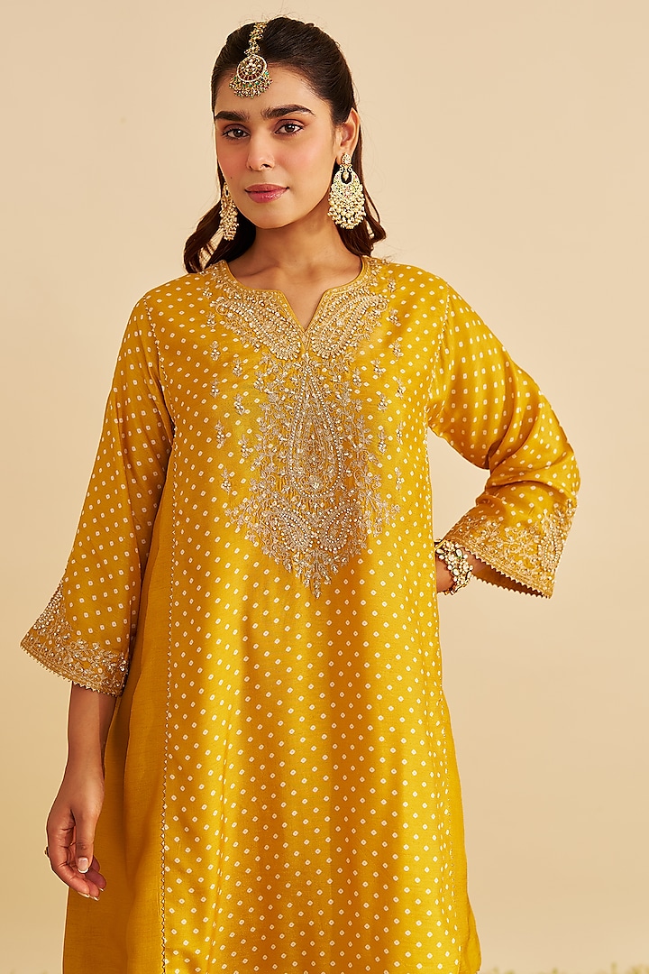 Mustard Pure Upada Silk Gota Embroidered Kurta Set by Sheetal Batra at Pernia's Pop Up Shop