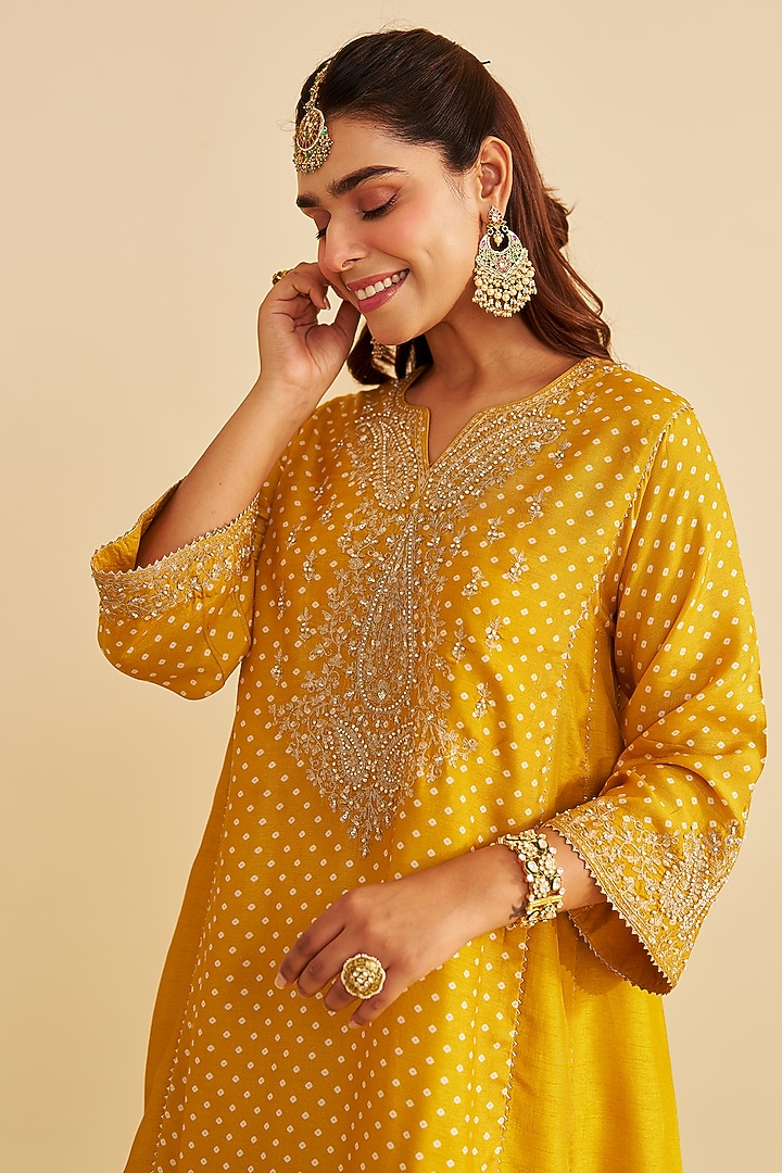 Mustard Pure Upada Silk Gota Embroidered Kurta Set by Sheetal Batra at Pernia's Pop Up Shop