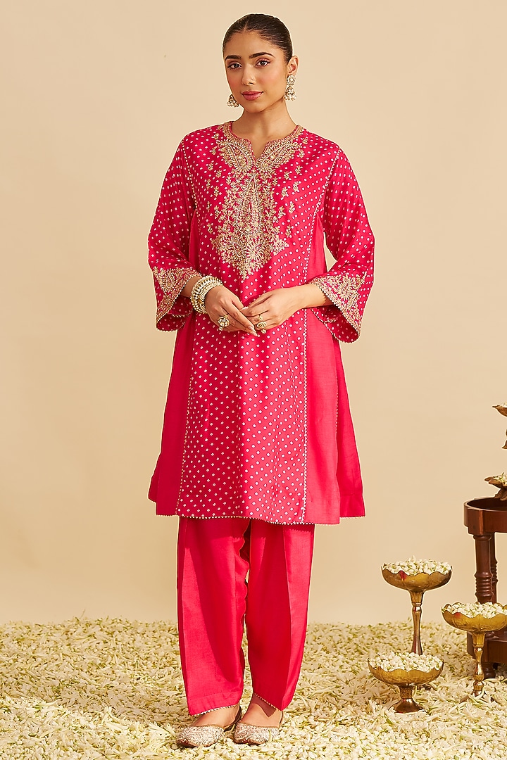 Hot Pink Pure Upada Silk Gota Embroidered Kurta Set by Sheetal Batra at Pernia's Pop Up Shop