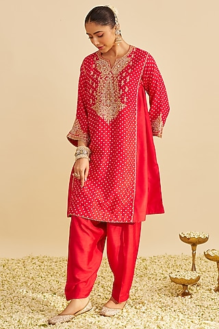 Red Pure Upada Silk Gota Embroidered Kurta Set by Sheetal Batra
