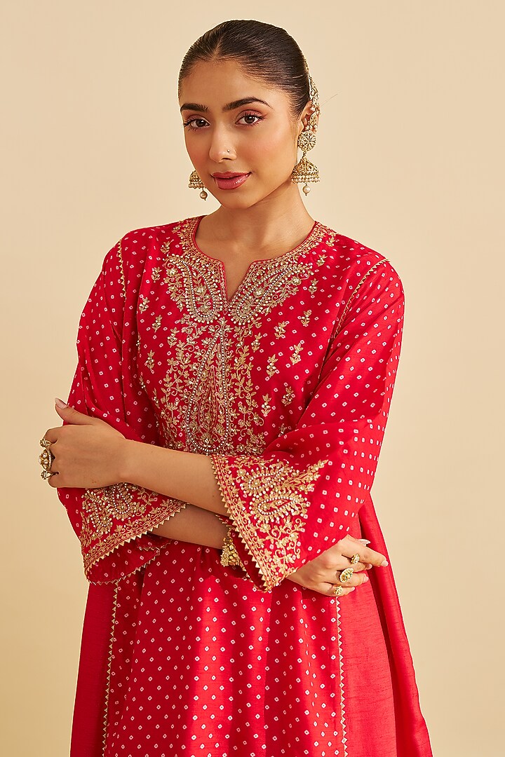 Red Pure Upada Silk Gota Embroidered Kurta Set by Sheetal Batra at Pernia's Pop Up Shop