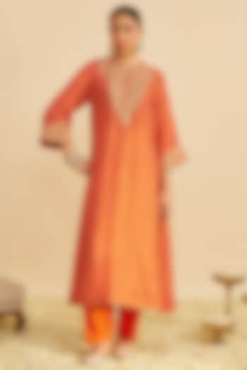 Orange Pure Upada Silk Sequins Embroidered Kaftan Set by Sheetal Batra at Pernia's Pop Up Shop
