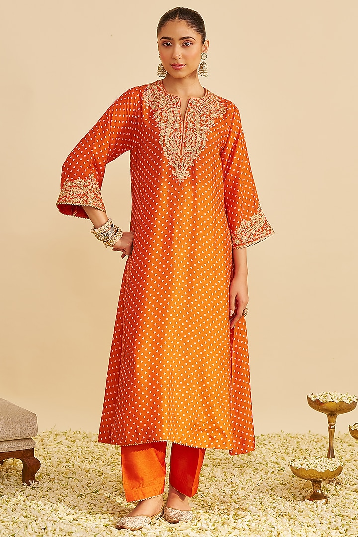 Orange Pure Upada Silk Sequins Embroidered Kaftan Set by Sheetal Batra at Pernia's Pop Up Shop