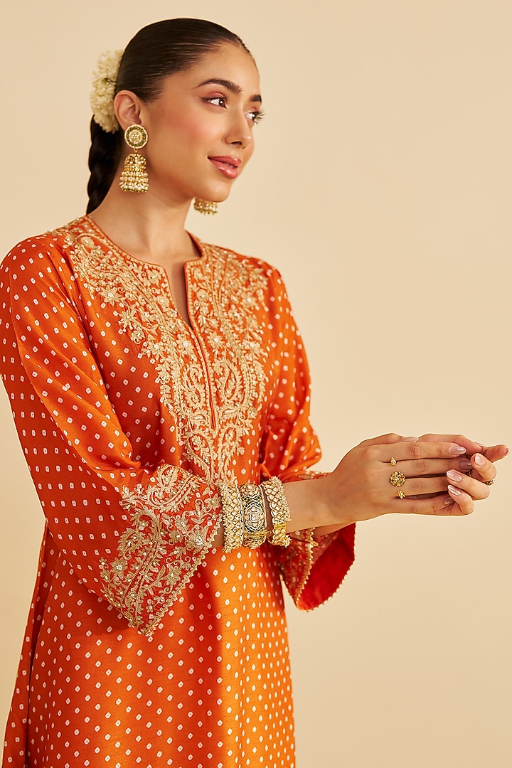 Orange Pure Upada Silk Sequins Embroidered Kaftan Set by Sheetal Batra at Pernia's Pop Up Shop