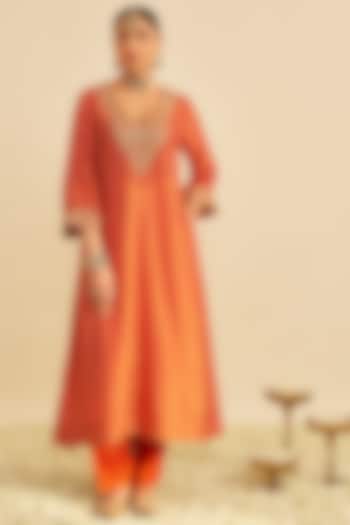 Orange Pure Upada Silk Sequins Embroidered A-Line Kaftan Set by Sheetal Batra at Pernia's Pop Up Shop