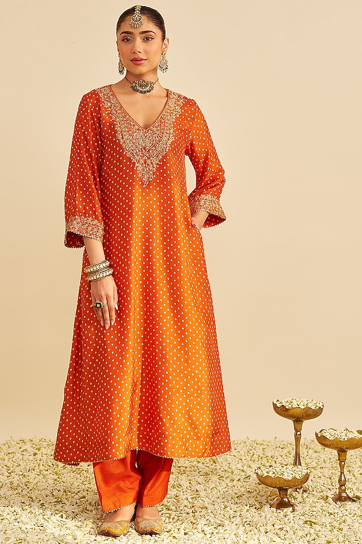 Orange Pure Upada Silk Sequins Embroidered A-Line Kaftan Set by Sheetal Batra at Pernia's Pop Up Shop