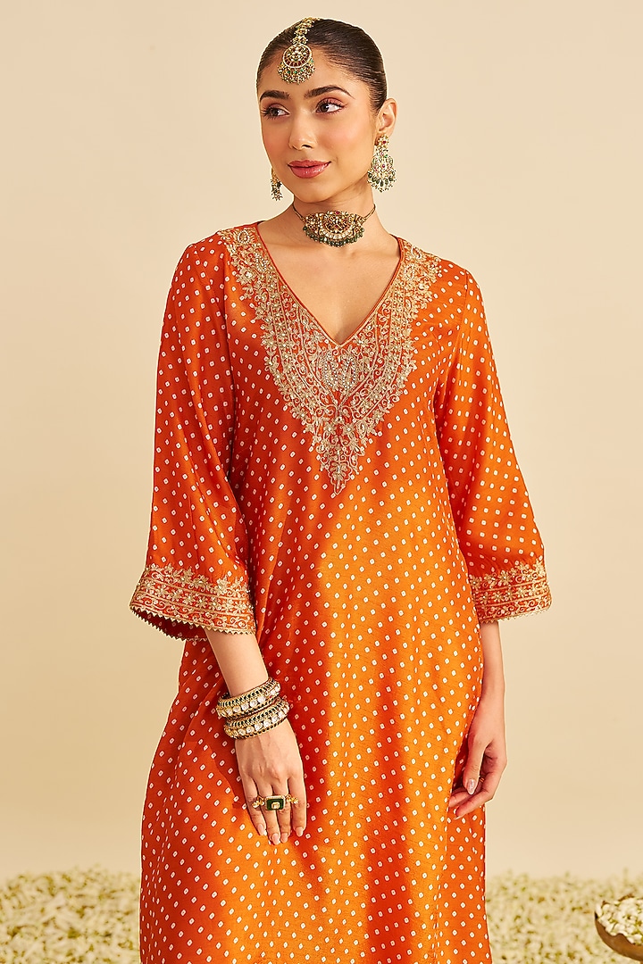 Orange Pure Upada Silk Sequins Embroidered A-Line Kaftan Set by Sheetal Batra at Pernia's Pop Up Shop