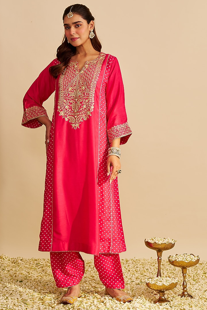 Hot Pink Pure Upada Silk Sequins Embroidered Chauga Kurta Set by Sheetal Batra at Pernia's Pop Up Shop