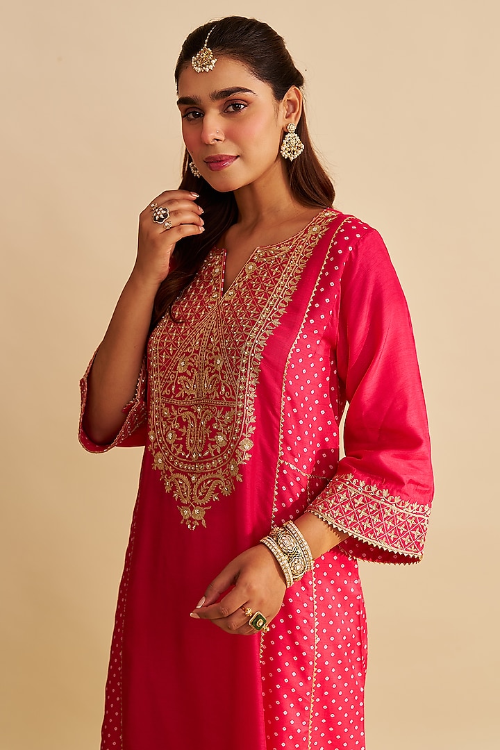 Hot Pink Pure Upada Silk Sequins Embroidered Chauga Kurta Set by Sheetal Batra at Pernia's Pop Up Shop