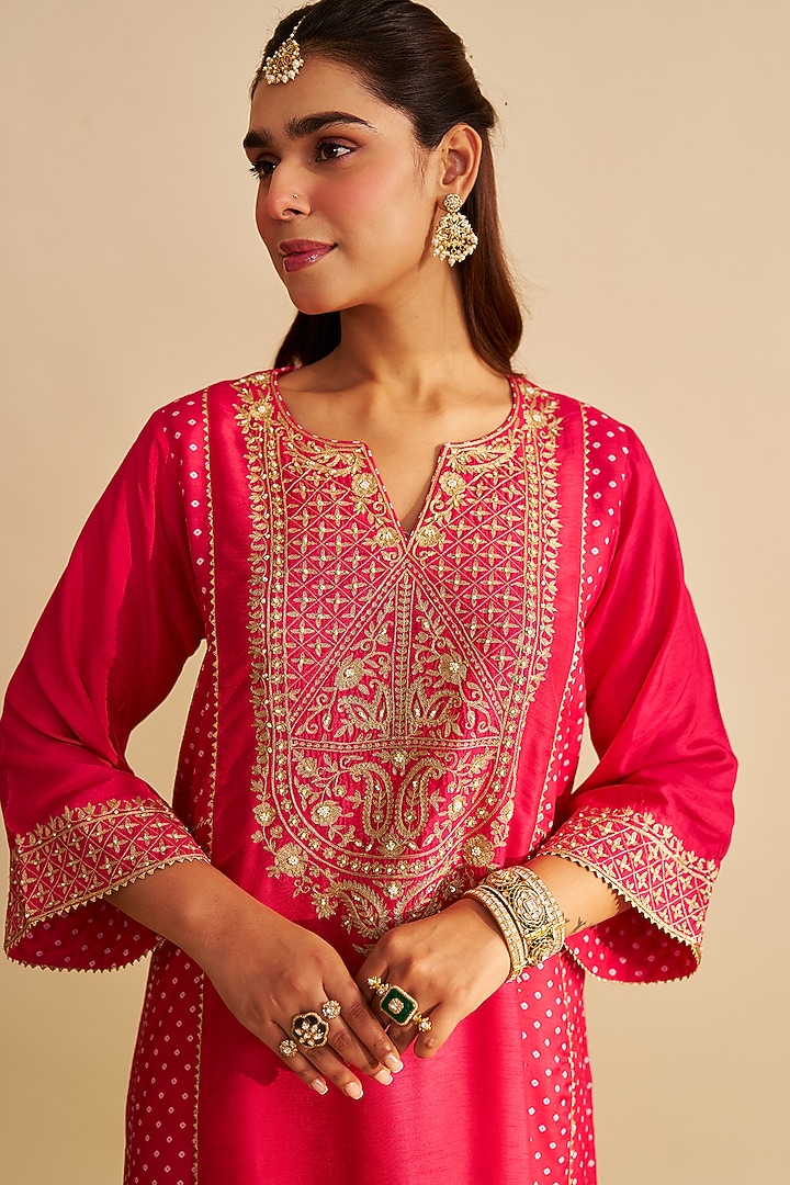 Hot Pink Pure Upada Silk Sequins Embroidered Chauga Kurta Set by Sheetal Batra at Pernia's Pop Up Shop
