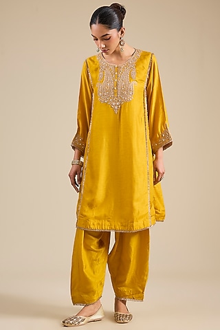 Mustard Pure Upada Silk Kiran Dori Embellished Kurta Set by Sheetal Batra