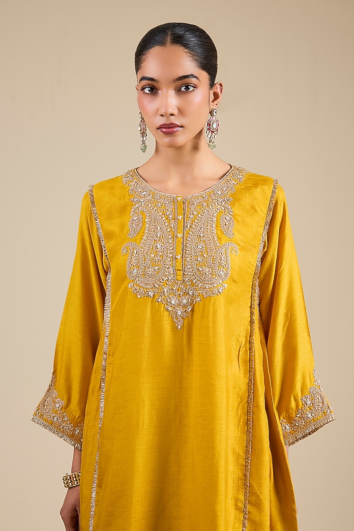 Mustard Pure Upada Silk Kiran Dori Embellished Kurta Set by Sheetal Batra at Pernia's Pop Up Shop