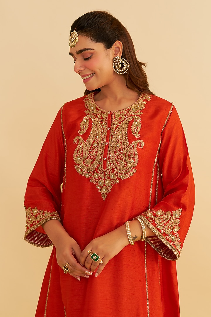 Burnt Orange Upada Silk Kiran Dori Embroidered Short Kurta Set by Sheetal Batra at Pernia's Pop Up Shop