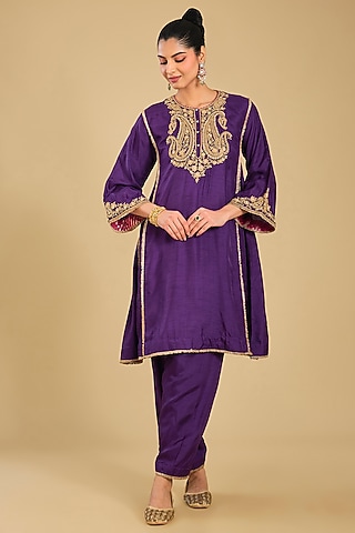Purple Pure Uppada Silk Embroidered Choga Kurta Set by Sheetal Batra