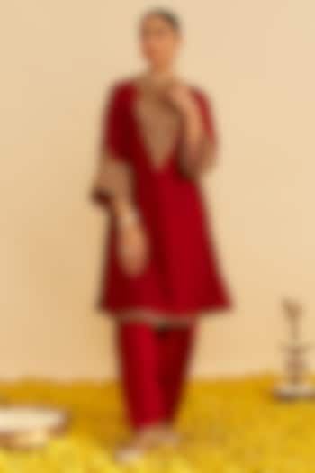 Deep Red Upada Silk Kiran Dori Embroidered Kurta Set by Sheetal Batra at Pernia's Pop Up Shop