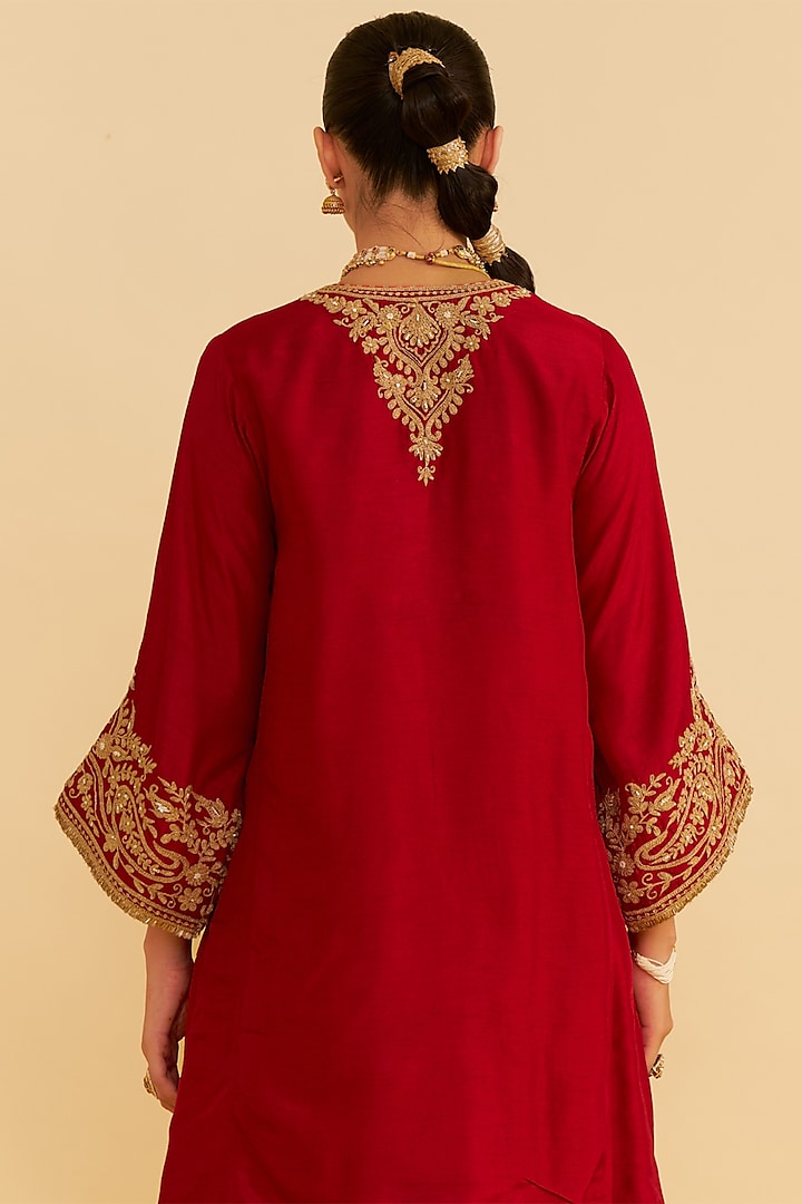 Deep Red Upada Silk Kiran Dori Embroidered Kurta Set by Sheetal Batra at Pernia's Pop Up Shop
