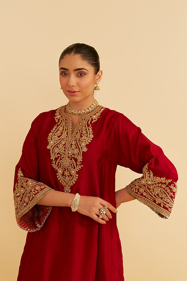 Deep Red Upada Silk Kiran Dori Embroidered Kurta Set by Sheetal Batra at Pernia's Pop Up Shop