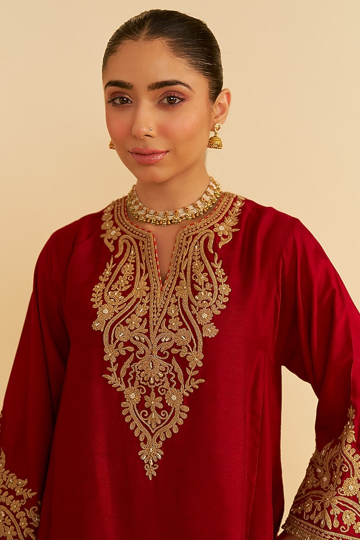 Deep Red Upada Silk Kiran Dori Embroidered Kurta Set by Sheetal Batra at Pernia's Pop Up Shop