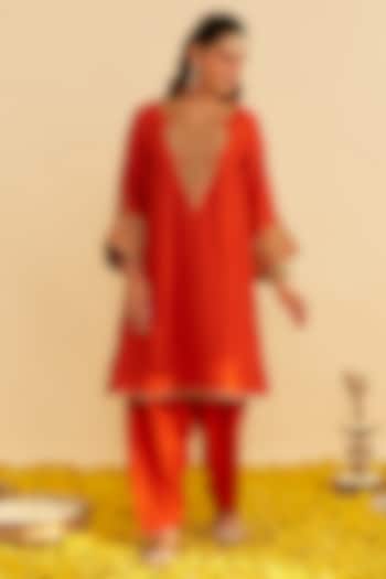 Burnt Orange Upada Silk Kiran Dori Embroidered Kurta Set by Sheetal Batra at Pernia's Pop Up Shop