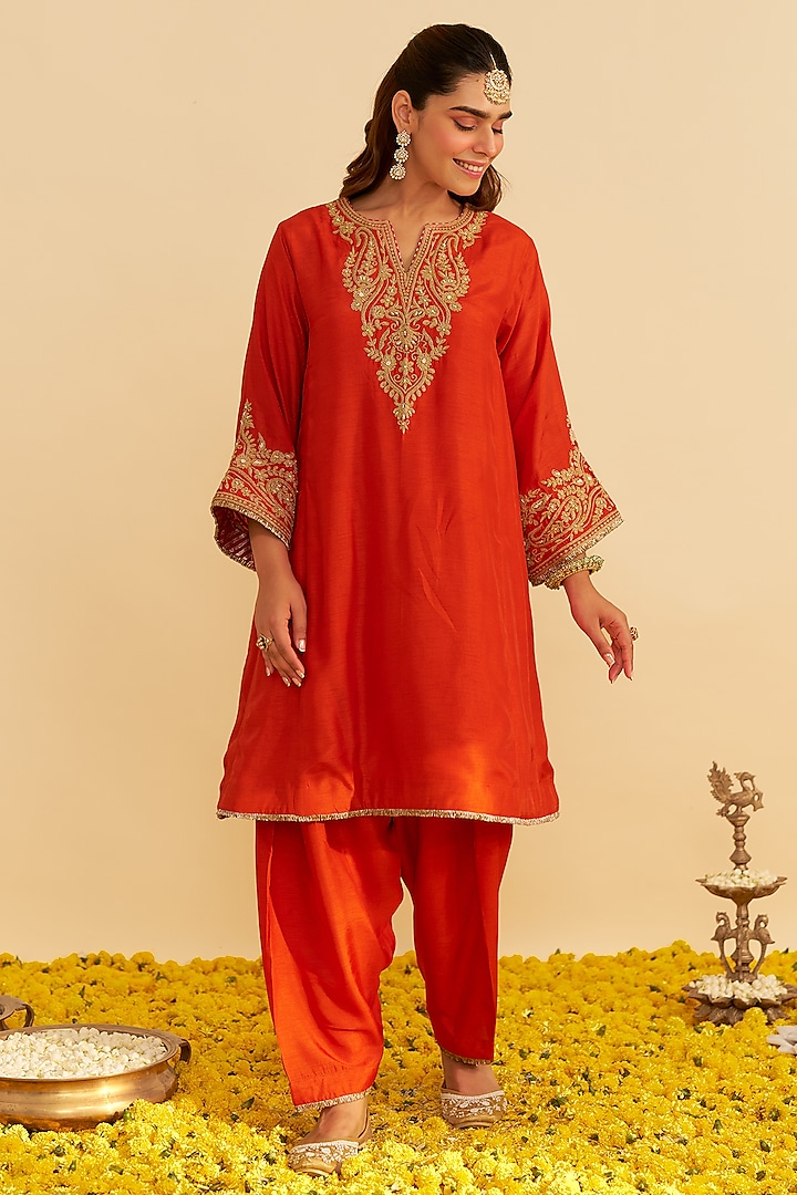 Burnt Orange Upada Silk Kiran Dori Embroidered Kurta Set by Sheetal Batra at Pernia's Pop Up Shop
