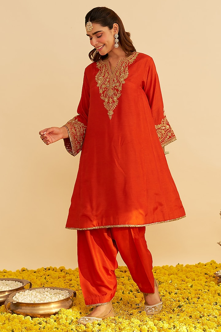 Burnt Orange Upada Silk Kiran Dori Embroidered Kurta Set by Sheetal Batra at Pernia's Pop Up Shop