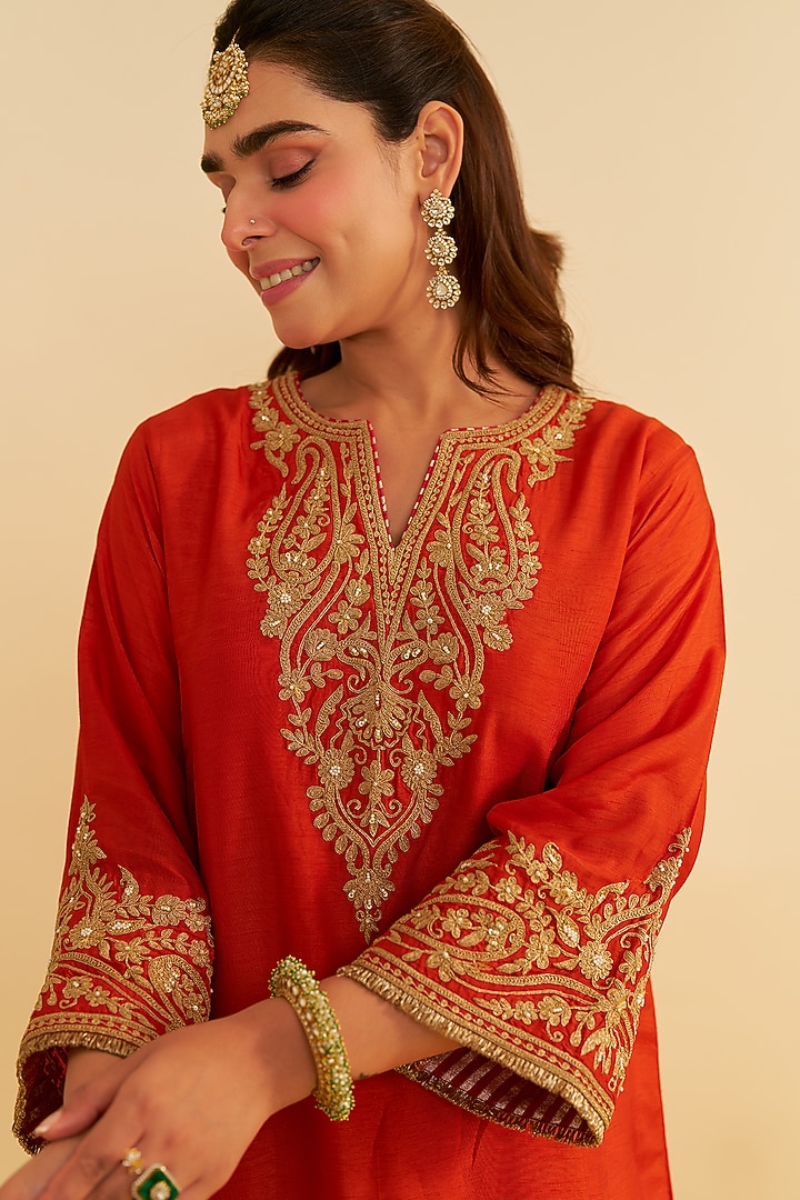 Burnt Orange Upada Silk Kiran Dori Embroidered Kurta Set by Sheetal Batra at Pernia's Pop Up Shop