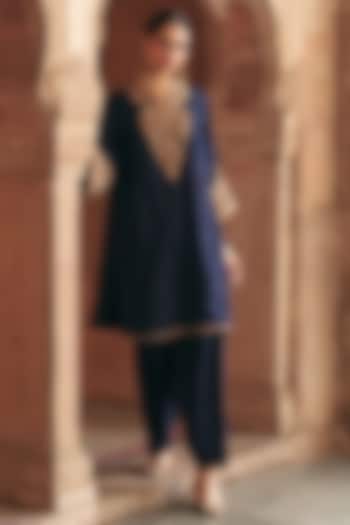 Deep Blue Pure Upada Silk Dori Embroidered Kurta Set by Sheetal Batra at Pernia's Pop Up Shop